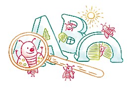 Käfer mit Lupe vergrößert vor einem ABC-Schriftzug